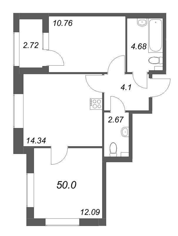 2-комнатная квартира, 50 м² в ЖК "Гранат" - планировка, фото №1