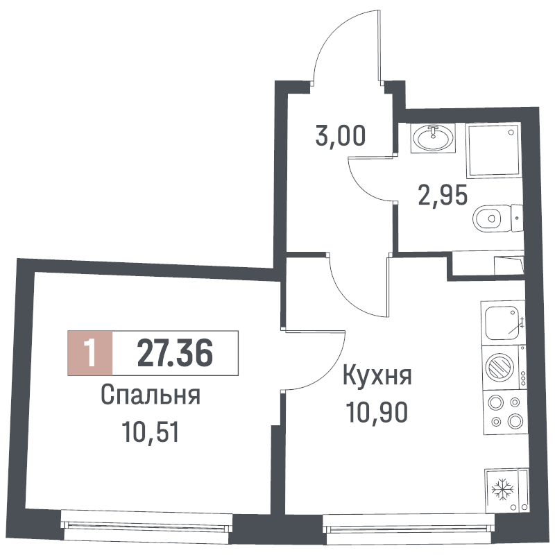 1-комнатная квартира, 27.36 м² в ЖК "Авиатор" - планировка, фото №1