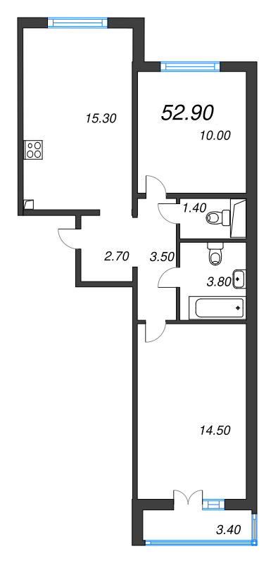 3-комнатная (Евро) квартира, 52.9 м² в ЖК "Пейзажный квартал" - планировка, фото №1