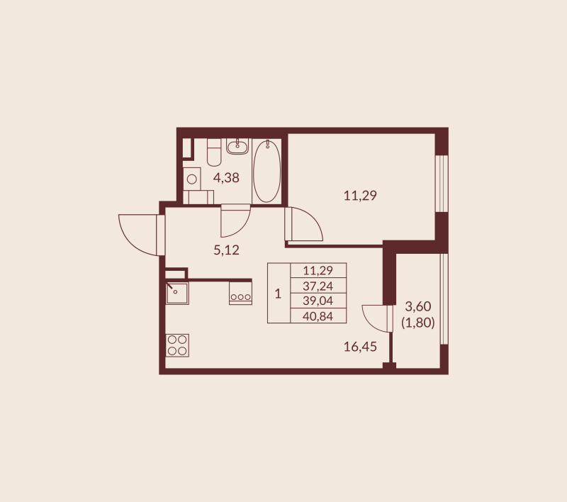 2-комнатная (Евро) квартира, 39.04 м² в ЖК "Амурино" - планировка, фото №1