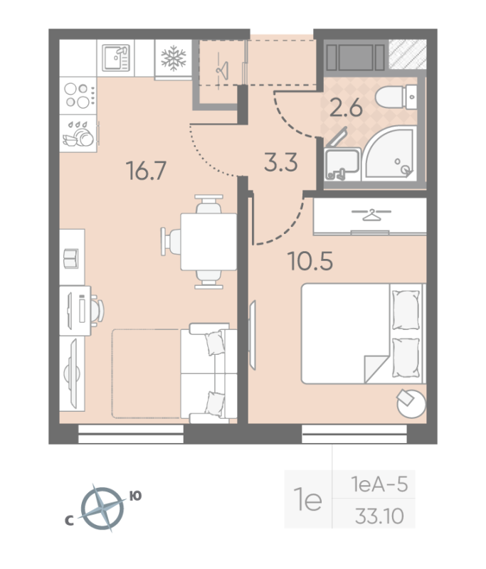 1-комнатная квартира, 33.1 м² в ЖК "Октябрьская набережная" - планировка, фото №1