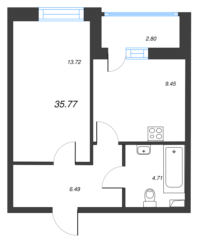 1-комнатная квартира, 35.77 м² в ЖК "Аквилон Zalive" - планировка, фото №1