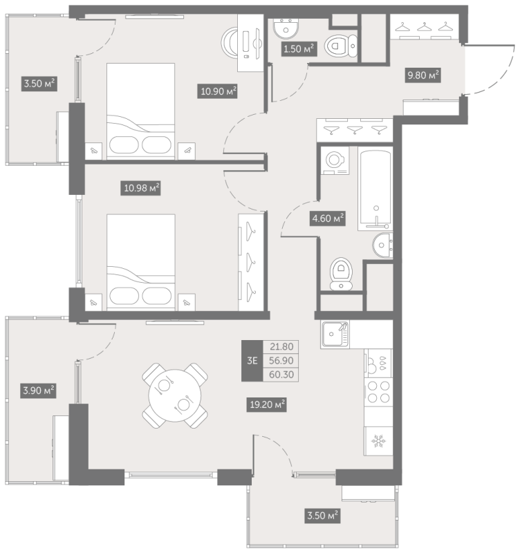 3-комнатная (Евро) квартира, 60.3 м² в ЖК "Квартал «Новый Московский»" - планировка, фото №1