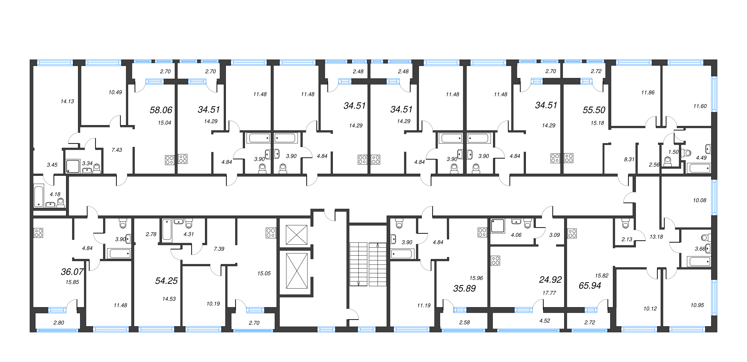 3-комнатная (Евро) квартира, 58.06 м² - планировка этажа