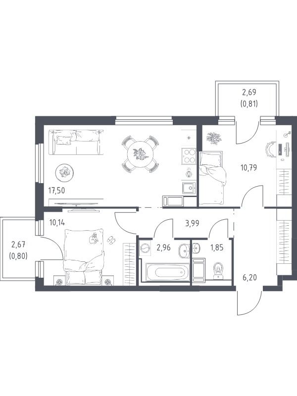 3-комнатная (Евро) квартира, 54.68 м² в ЖК "Новое Колпино" - планировка, фото №1