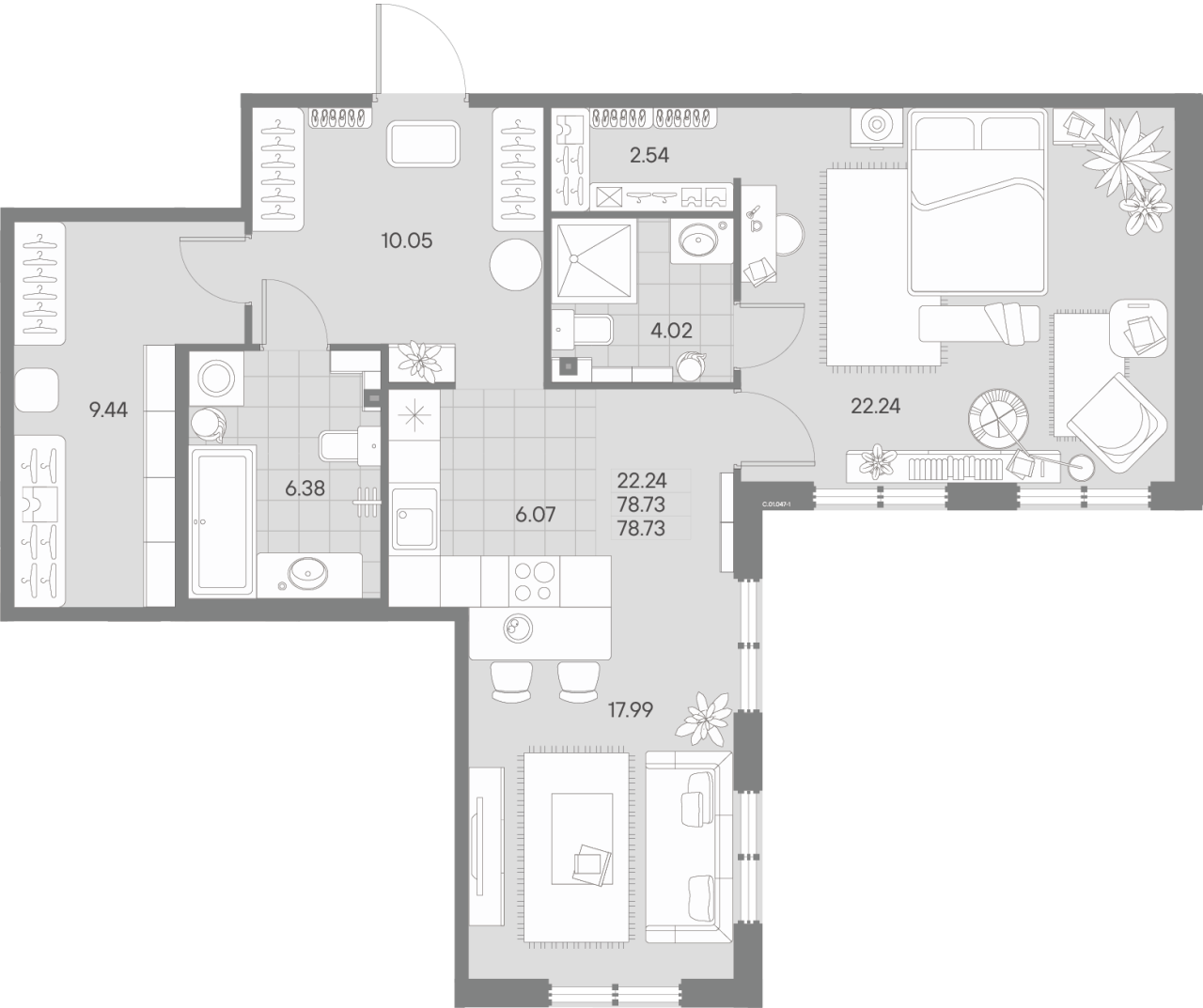 2-комнатная (Евро) квартира, 78.73 м² - планировка, фото №1