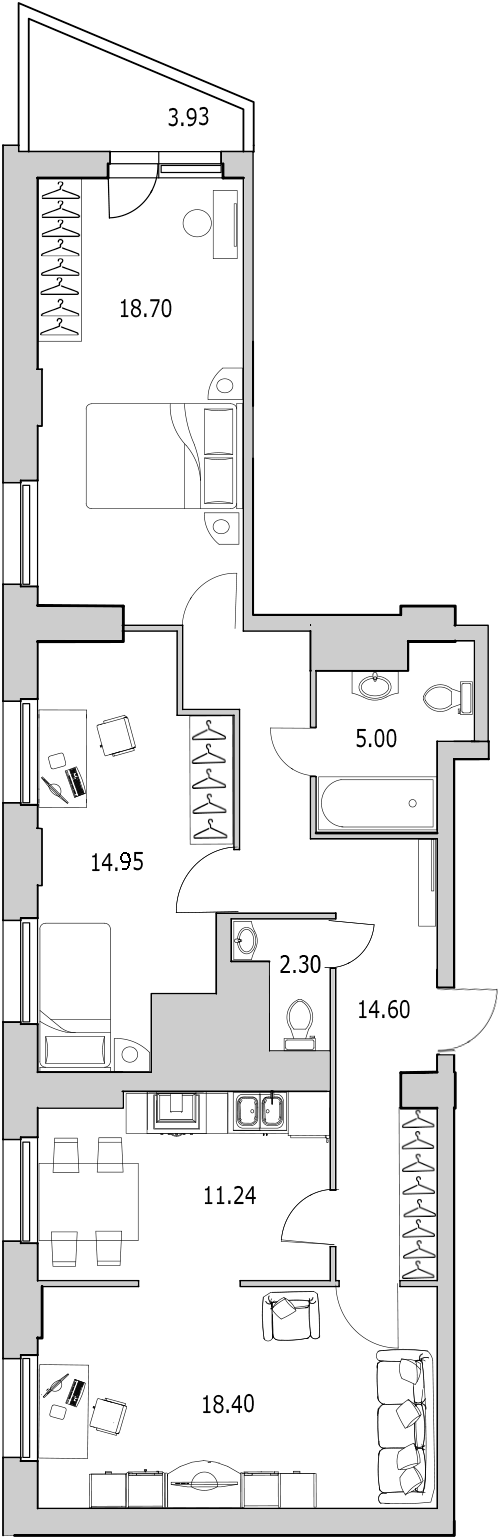 3-комнатная квартира, 90.3 м² - планировка, фото №1
