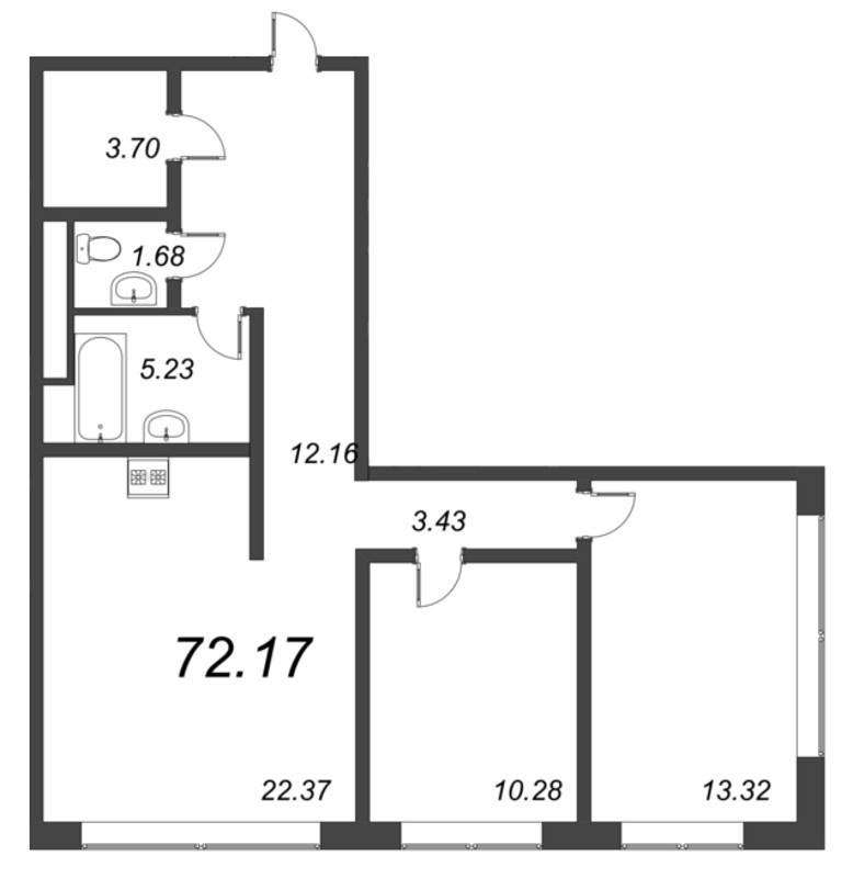 3-комнатная (Евро) квартира, 75.1 м² в ЖК "Малоохтинский, 68" - планировка, фото №1