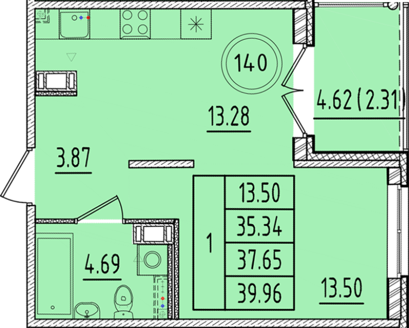 1-комнатная квартира, 35.34 м² в ЖК "Образцовый квартал 17" - планировка, фото №1
