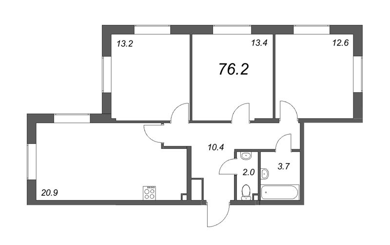 4-комнатная (Евро) квартира, 76.2 м² в ЖК "Цивилизация на Неве" - планировка, фото №1