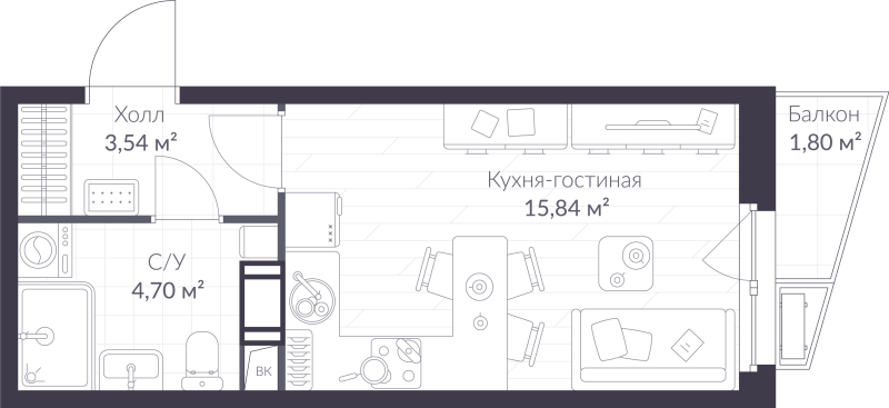 Квартира-студия, 24.62 м² в ЖК "VEREN NORT сертолово" - планировка, фото №1
