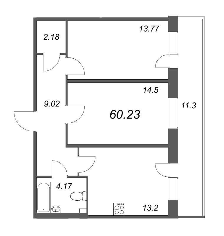 2-комнатная квартира, 60.23 м² - планировка, фото №1