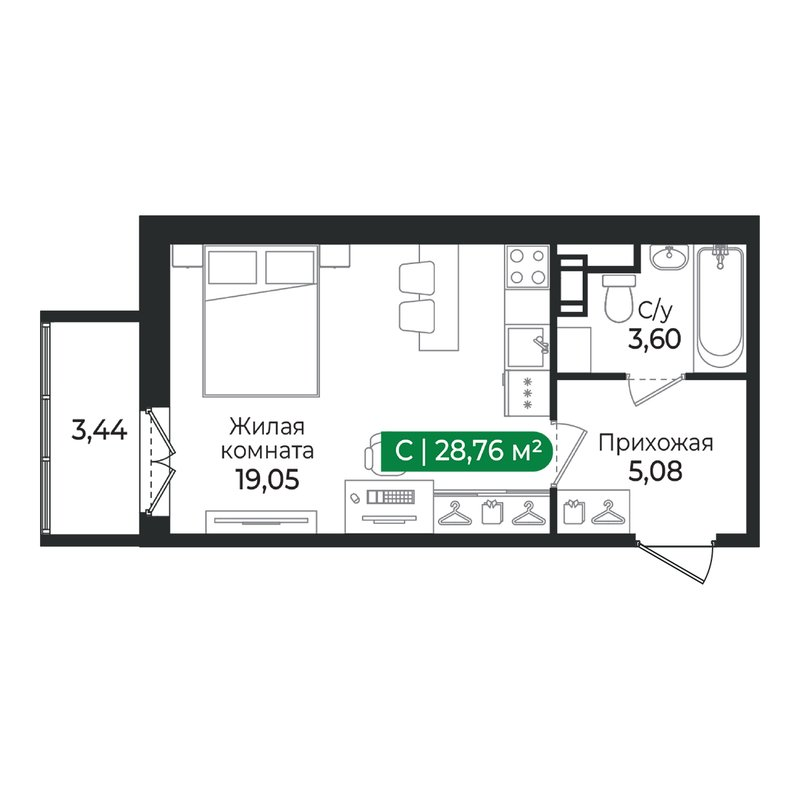 Квартира-студия, 28.76 м² в ЖК "Сертолово Парк" - планировка, фото №1