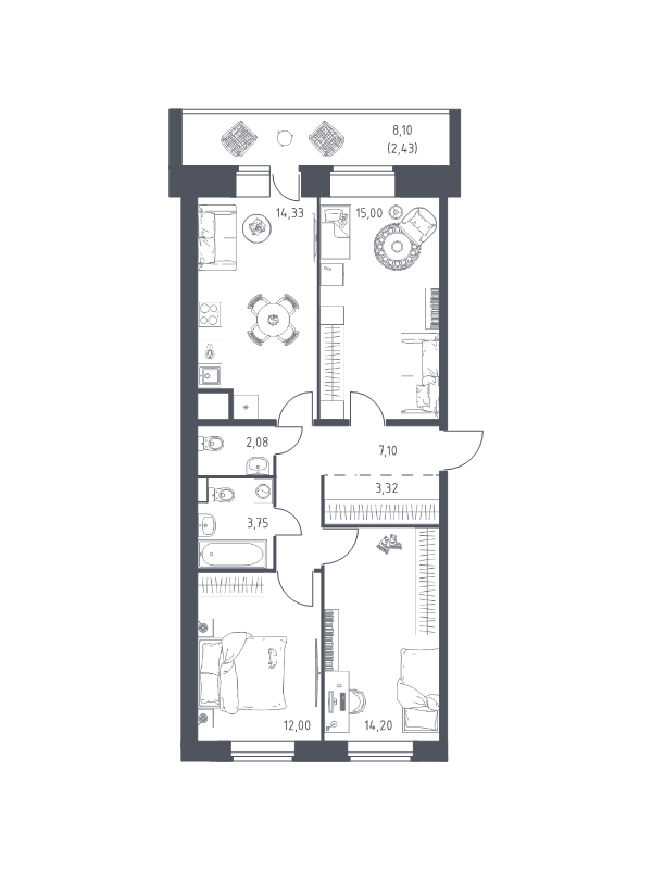 3-комнатная квартира, 74.21 м² - планировка, фото №1