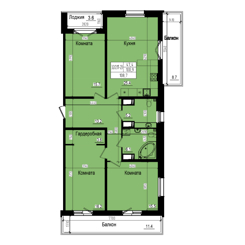 4-комнатная (Евро) квартира, 108.7 м² в ЖК "ПРАГМА СИТИ" - планировка, фото №1