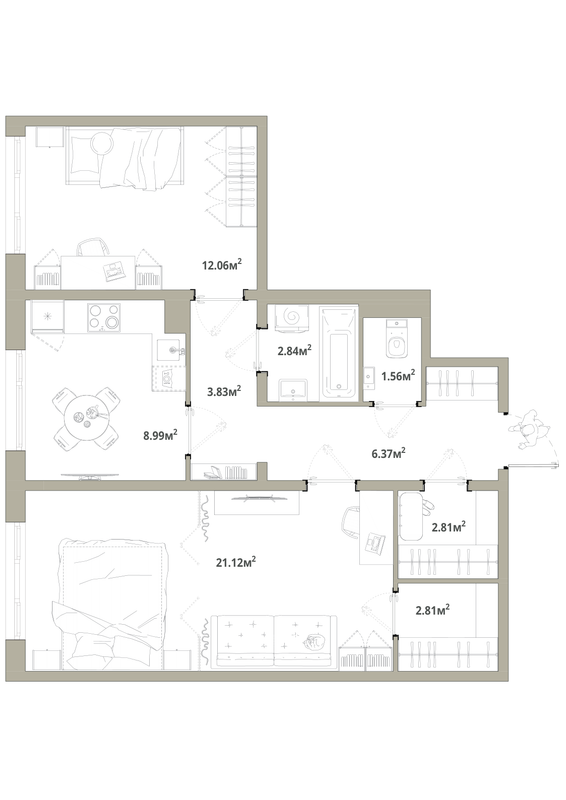 2-комнатная квартира, 62.39 м² в ЖК "Тишин" - планировка, фото №1