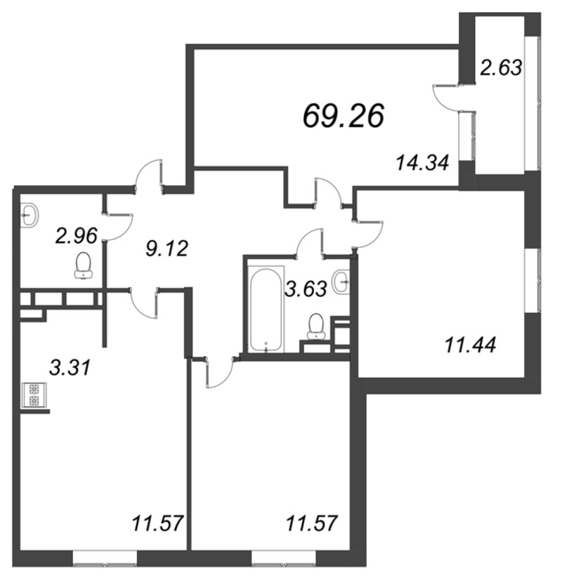 3-комнатная квартира, 69.26 м² - планировка, фото №1