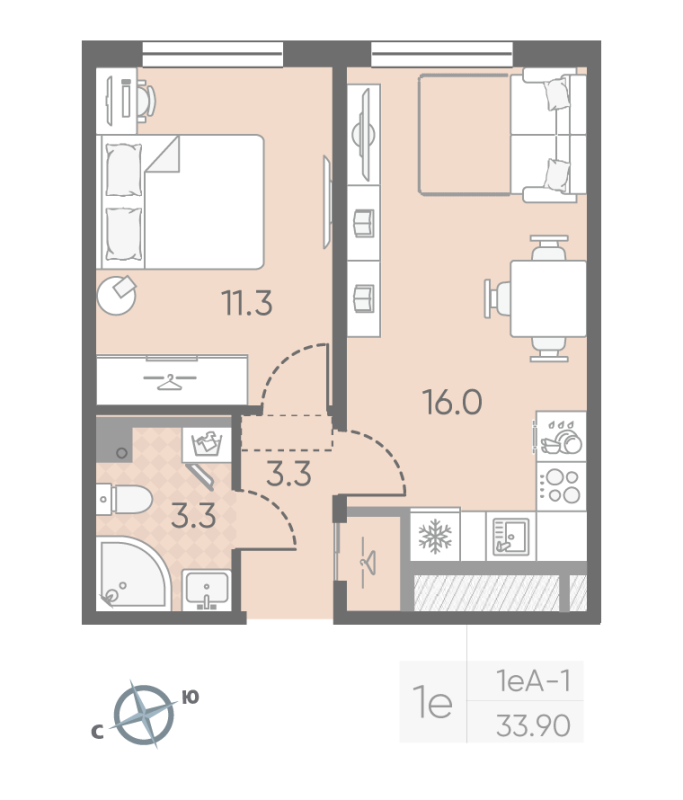 2-комнатная (Евро) квартира, 33.9 м² - планировка, фото №1