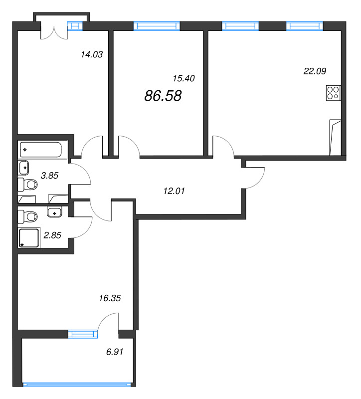 4-комнатная (Евро) квартира, 86.58 м² в ЖК "Любоград" - планировка, фото №1
