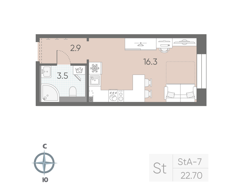 Квартира-студия, 22.7 м² в ЖК "Большая Охта" - планировка, фото №1