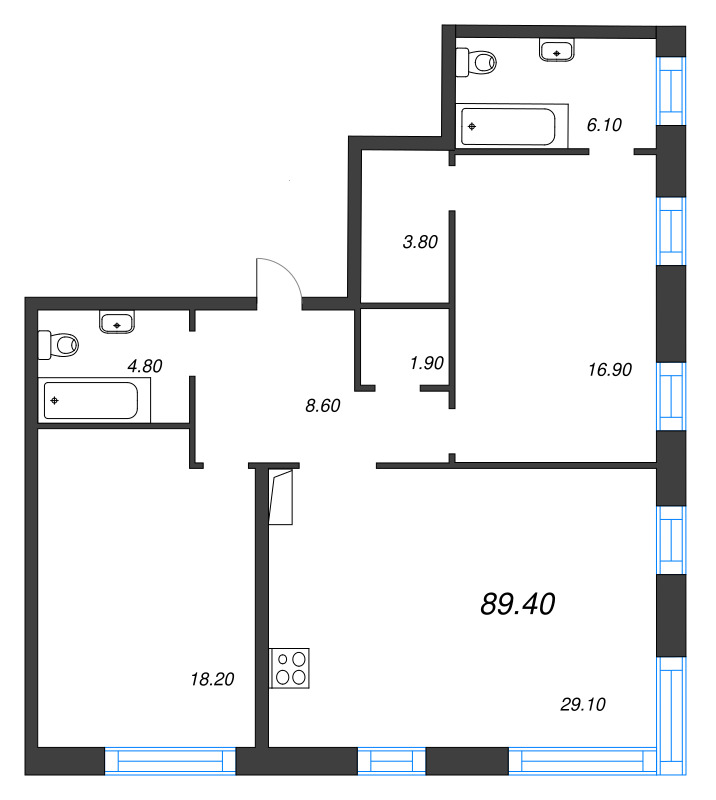 3-комнатная (Евро) квартира, 89.4 м² в ЖК "ЛДМ" - планировка, фото №1