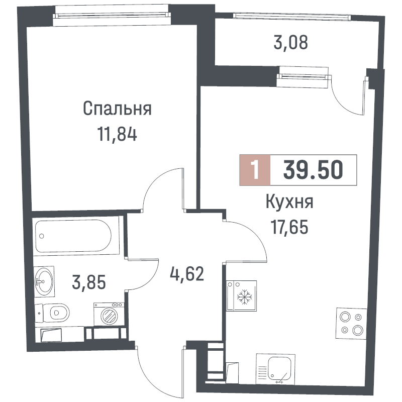 2-комнатная (Евро) квартира, 39.5 м² - планировка, фото №1