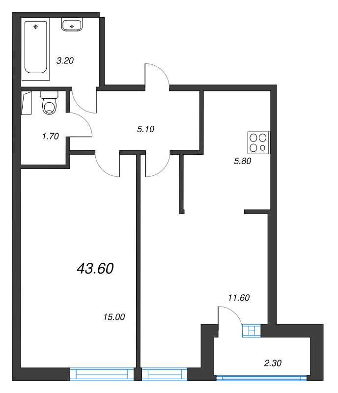 2-комнатная (Евро) квартира, 43.6 м² в ЖК "Аэросити" - планировка, фото №1