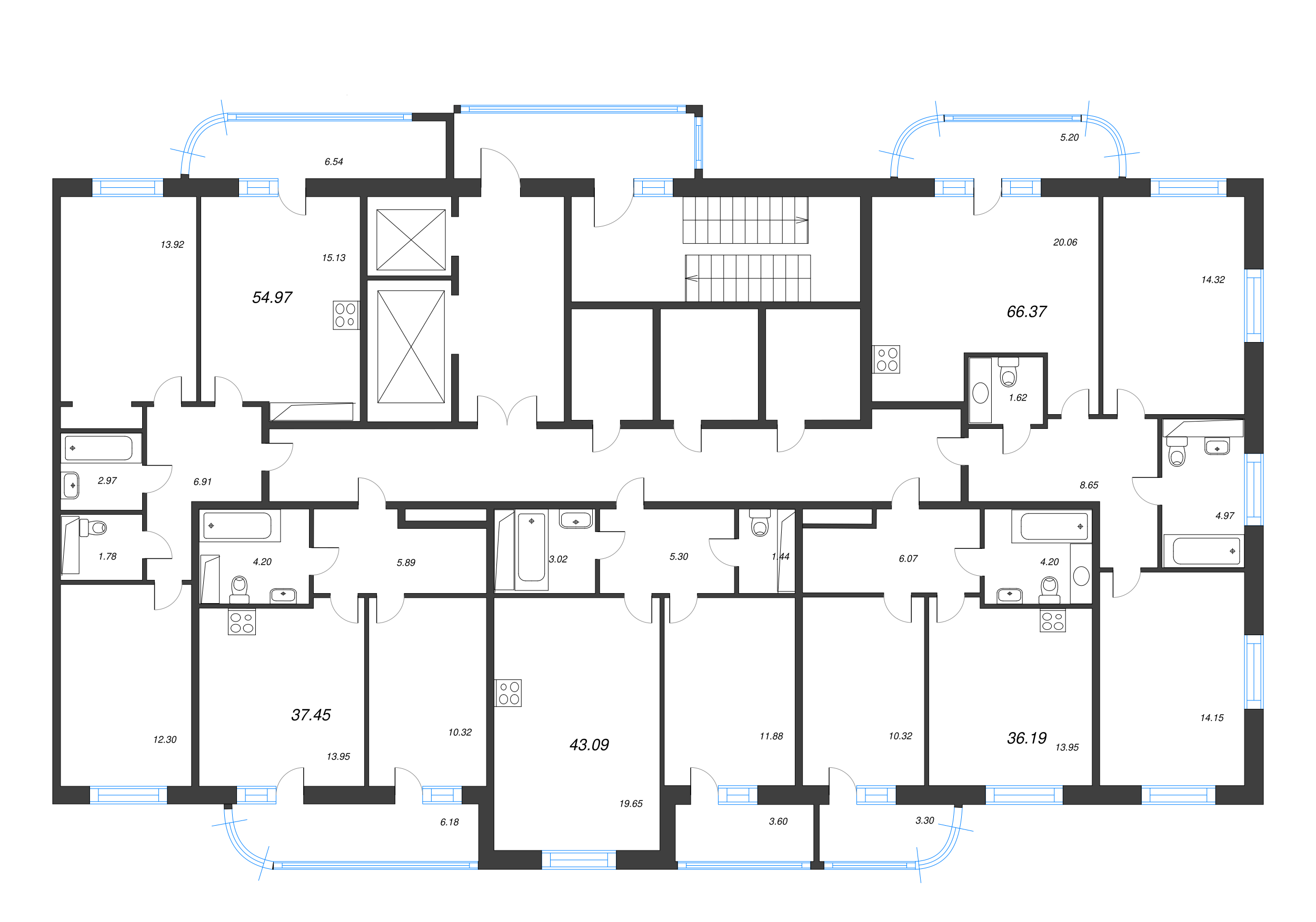 3-комнатная (Евро) квартира, 66.37 м² - планировка этажа