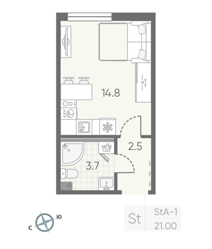 Квартира-студия, 21 м² в ЖК "Октябрьская набережная" - планировка, фото №1