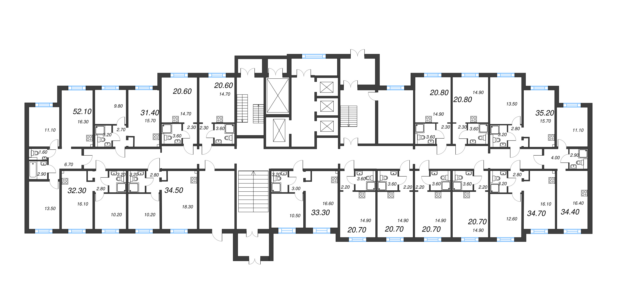 2-комнатная (Евро) квартира, 34.5 м² - планировка этажа