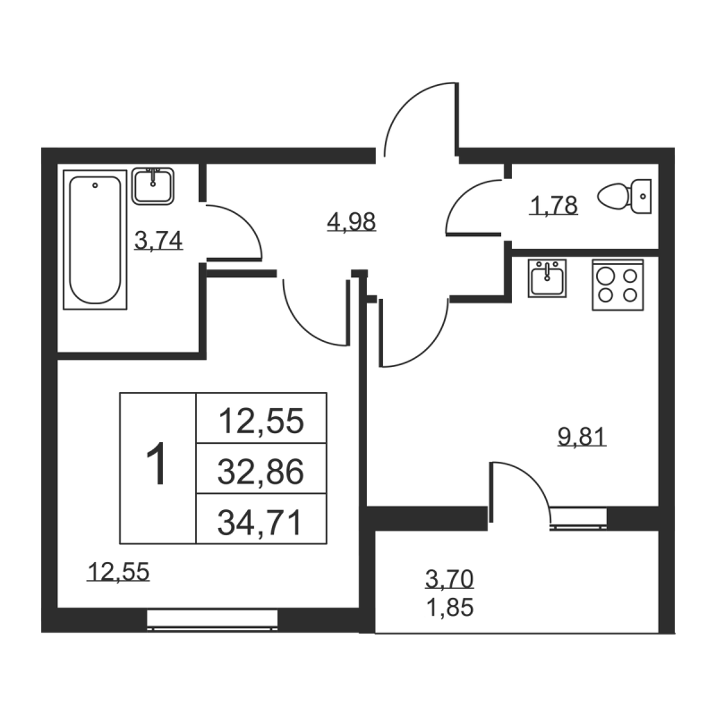1-комнатная квартира, 34.71 м² в ЖК "Высота" - планировка, фото №1