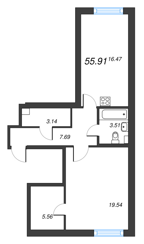2-комнатная (Евро) квартира, 55.91 м² - планировка, фото №1