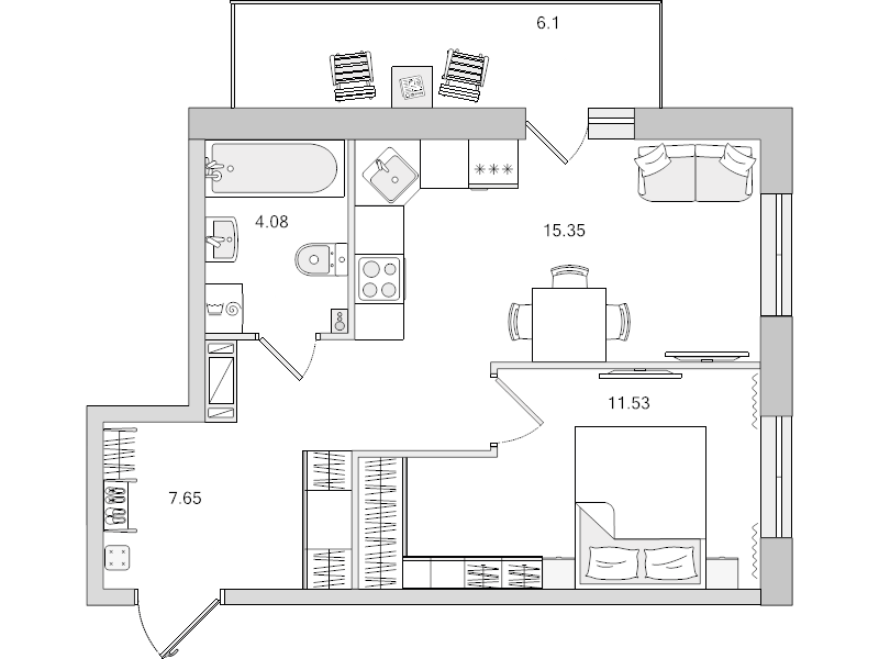 2-комнатная (Евро) квартира, 44.71 м² в ЖК "Новые горизонты" - планировка, фото №1