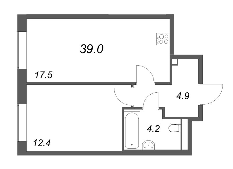 2-комнатная (Евро) квартира, 39 м² в ЖК "Большая Охта" - планировка, фото №1