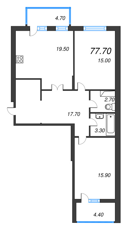 2-комнатная квартира, 77.7 м² - планировка, фото №1