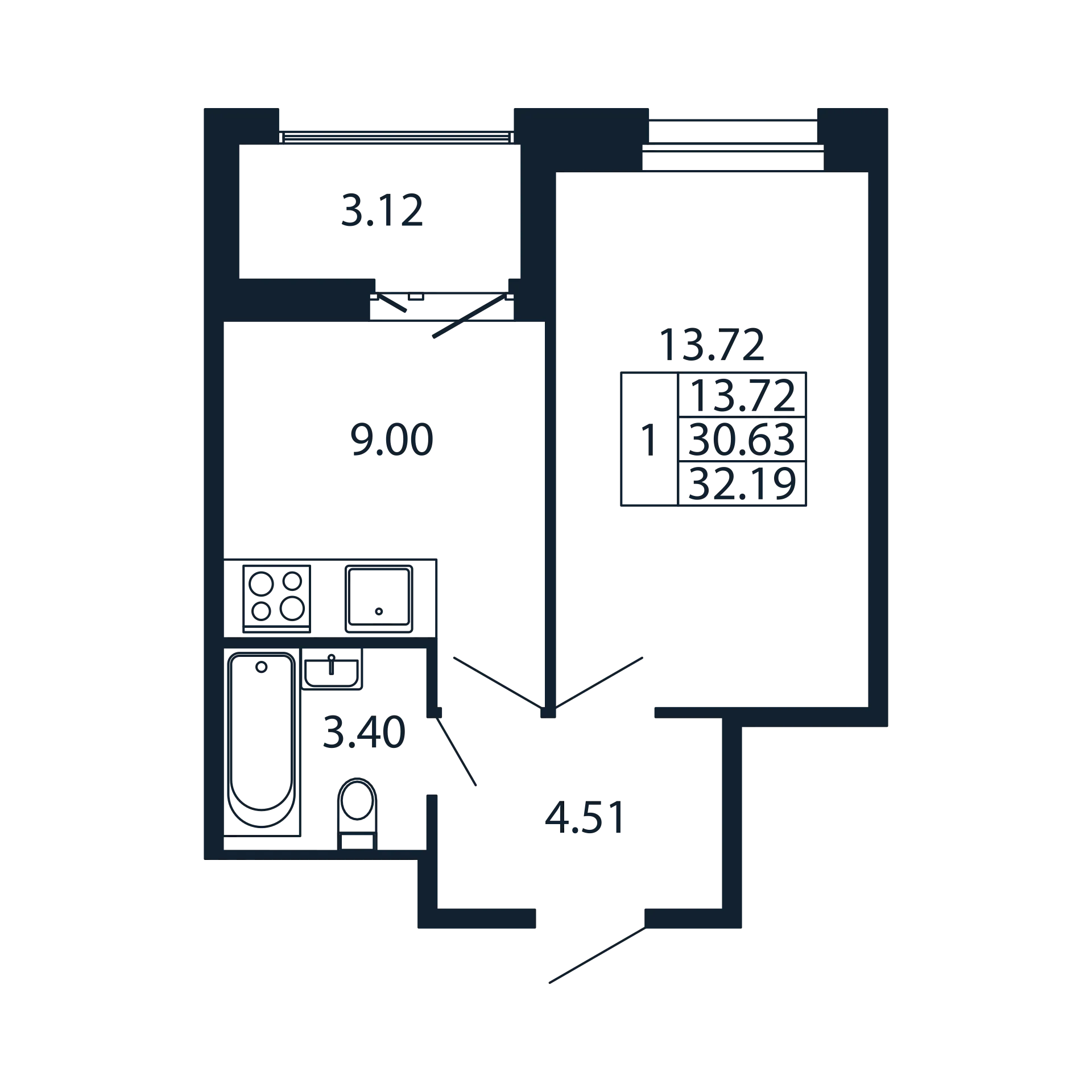 1-комнатная квартира, 30.63 м² - планировка, фото №1