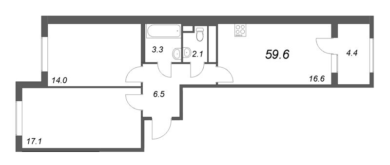 3-комнатная (Евро) квартира, 59.6 м² - планировка, фото №1