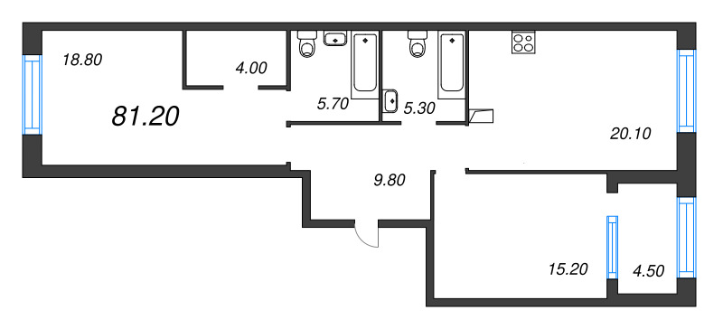 3-комнатная (Евро) квартира, 81.2 м² в ЖК "ЛДМ" - планировка, фото №1