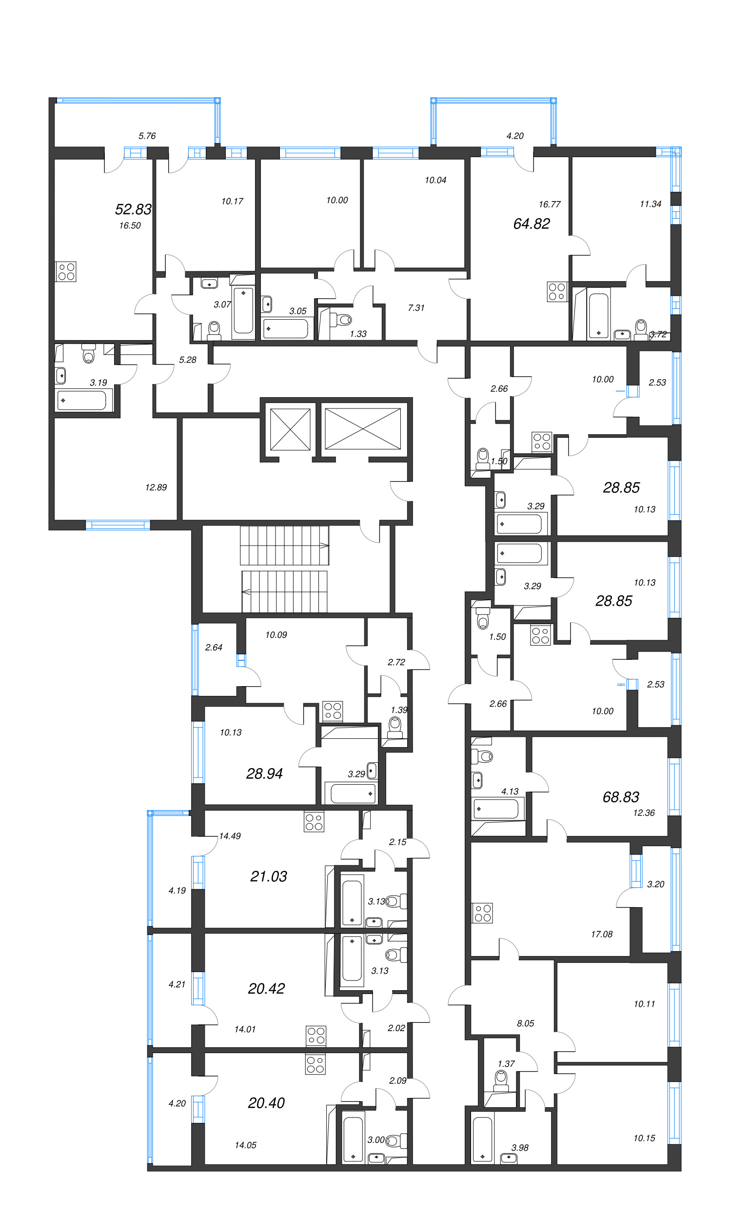 4-комнатная (Евро) квартира, 64.82 м² - планировка этажа