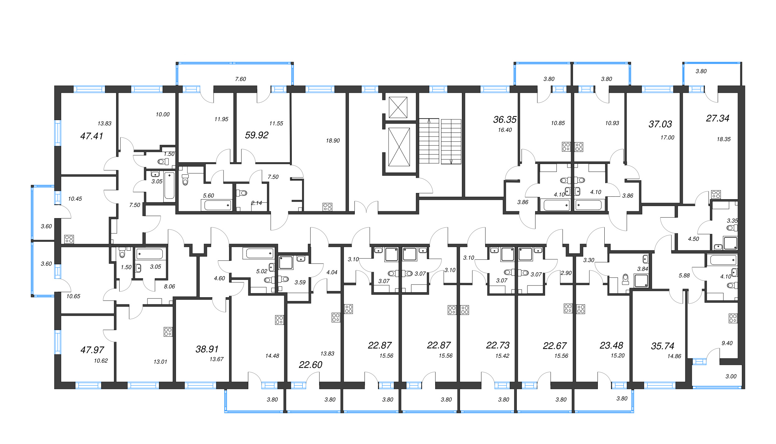 3-комнатная (Евро) квартира, 59.92 м² в ЖК "Аквилон Янино" - планировка этажа