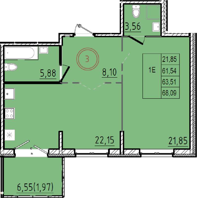 3-комнатная (Евро) квартира, 61.54 м² в ЖК "Образцовый квартал 9.1" - планировка, фото №1