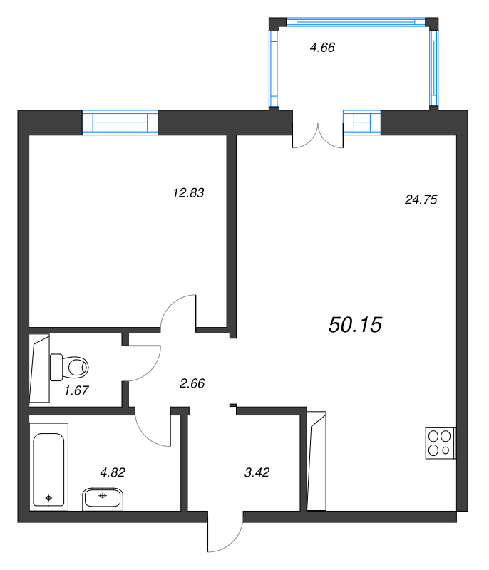 2-комнатная (Евро) квартира, 50.15 м² - планировка, фото №1