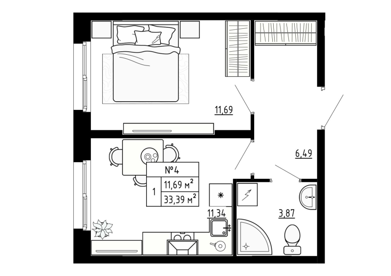 1-комнатная квартира, 33.39 м² в ЖК "Аннино Сити" - планировка, фото №1