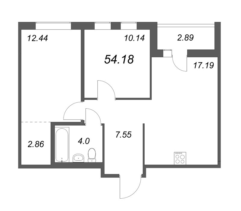 3-комнатная (Евро) квартира, 54.18 м² в ЖК "Мурино Space" - планировка, фото №1