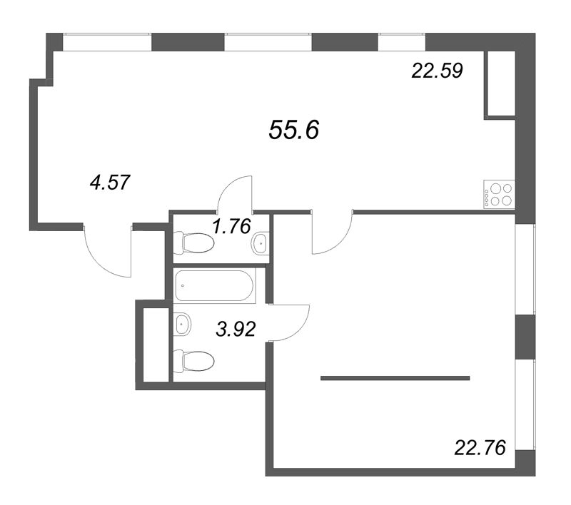 2-комнатная (Евро) квартира, 55.6 м² в ЖК "Talento" - планировка, фото №1