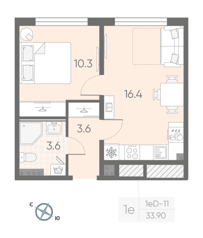 2-комнатная (Евро) квартира, 33.9 м² в ЖК "Пулково Lake" - планировка, фото №1