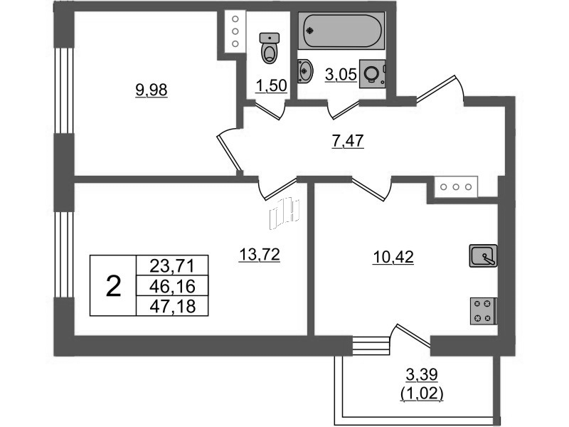 2-комнатная квартира, 46.88 м² в ЖК "Аквилон Янино" - планировка, фото №1