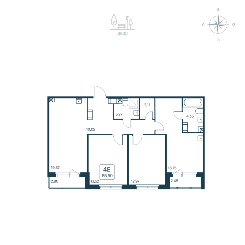 4-комнатная (Евро) квартира, 85.5 м² в ЖК "Расцветай в Янино" - планировка, фото №1