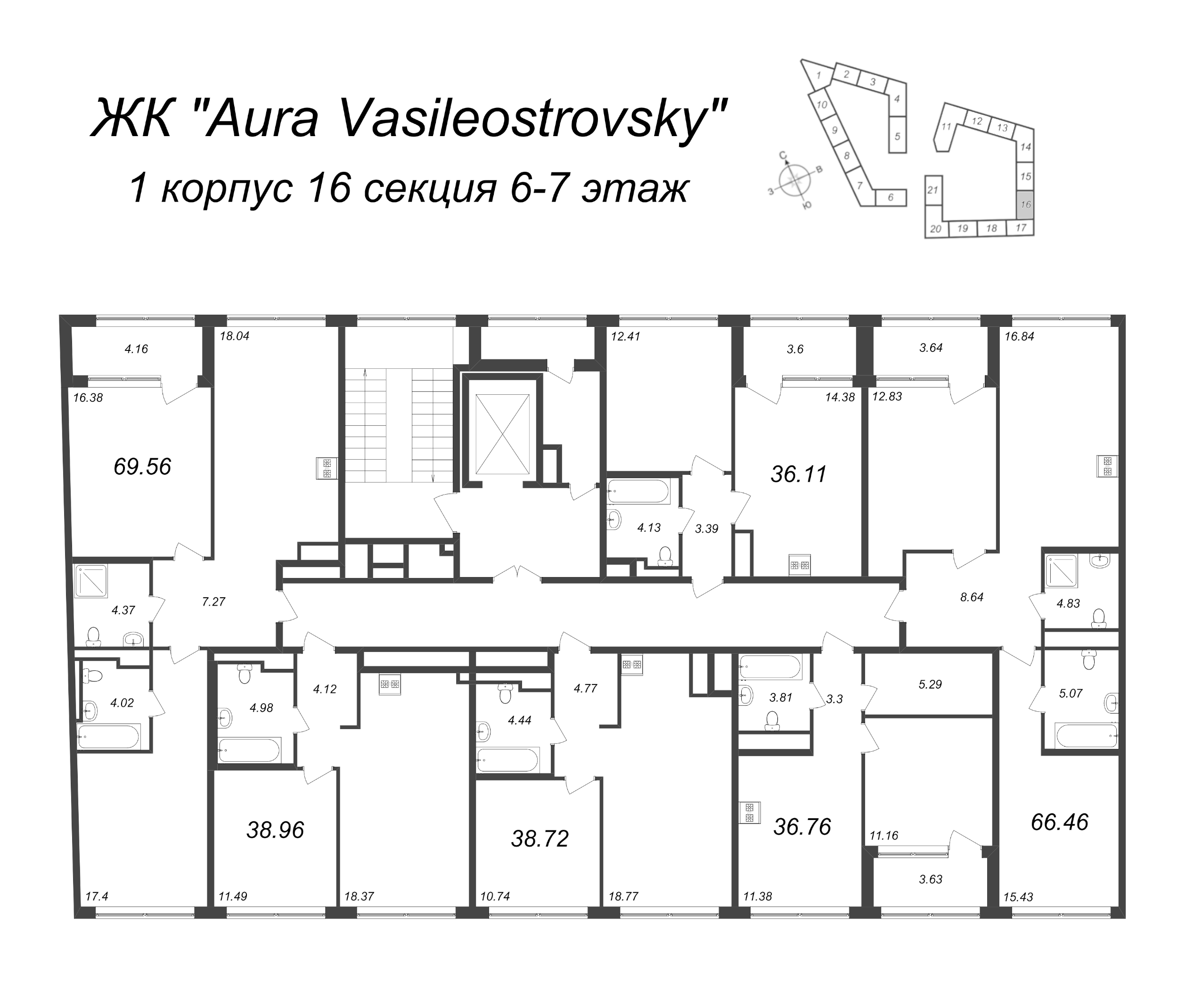 2-комнатная (Евро) квартира, 38.72 м² в ЖК "GloraX Premium Василеостровский" - планировка этажа