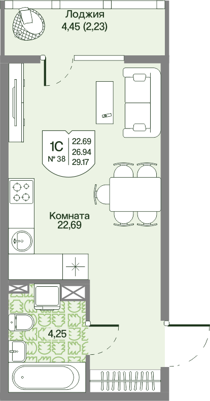 Квартира-студия, 29.17 м² в ЖК "Охтинские высоты" - планировка, фото №1
